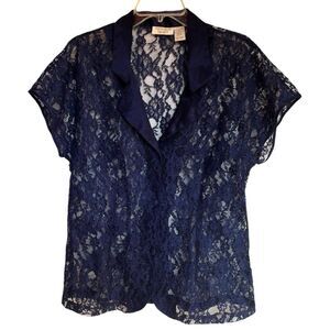 Vintage Victoria's Secret Gold Label Satin Collar Navy Lace Top Short Sleeve